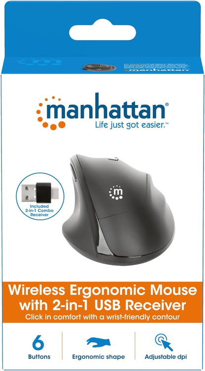 Manhattan 190237 Ergonomische Wireless Maus mit USB-A und USB-C™ 2-in-1 Receiver schwarz