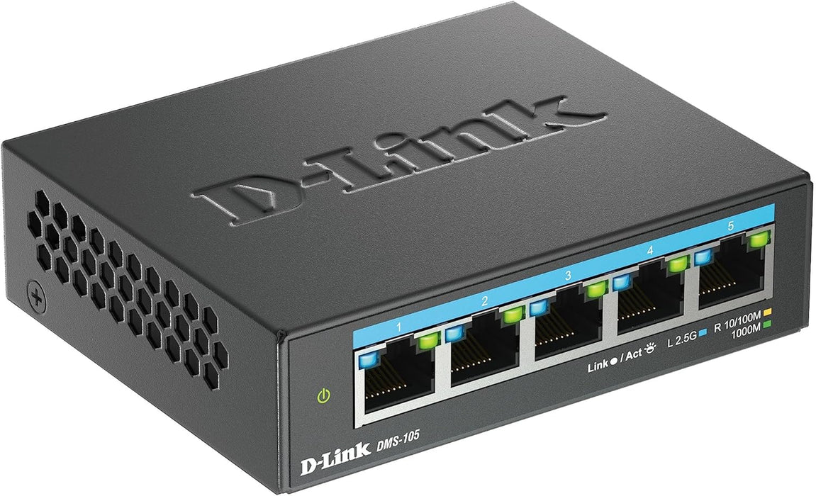 D-Link DMS-105 5-Port 2.5G Multi-Gigabit Unmanaged Desktop Switch with five 2.5 Gigabit Ports, Fanless, Low Profile, Compact, Metal Housing, QoS, Plug and Play