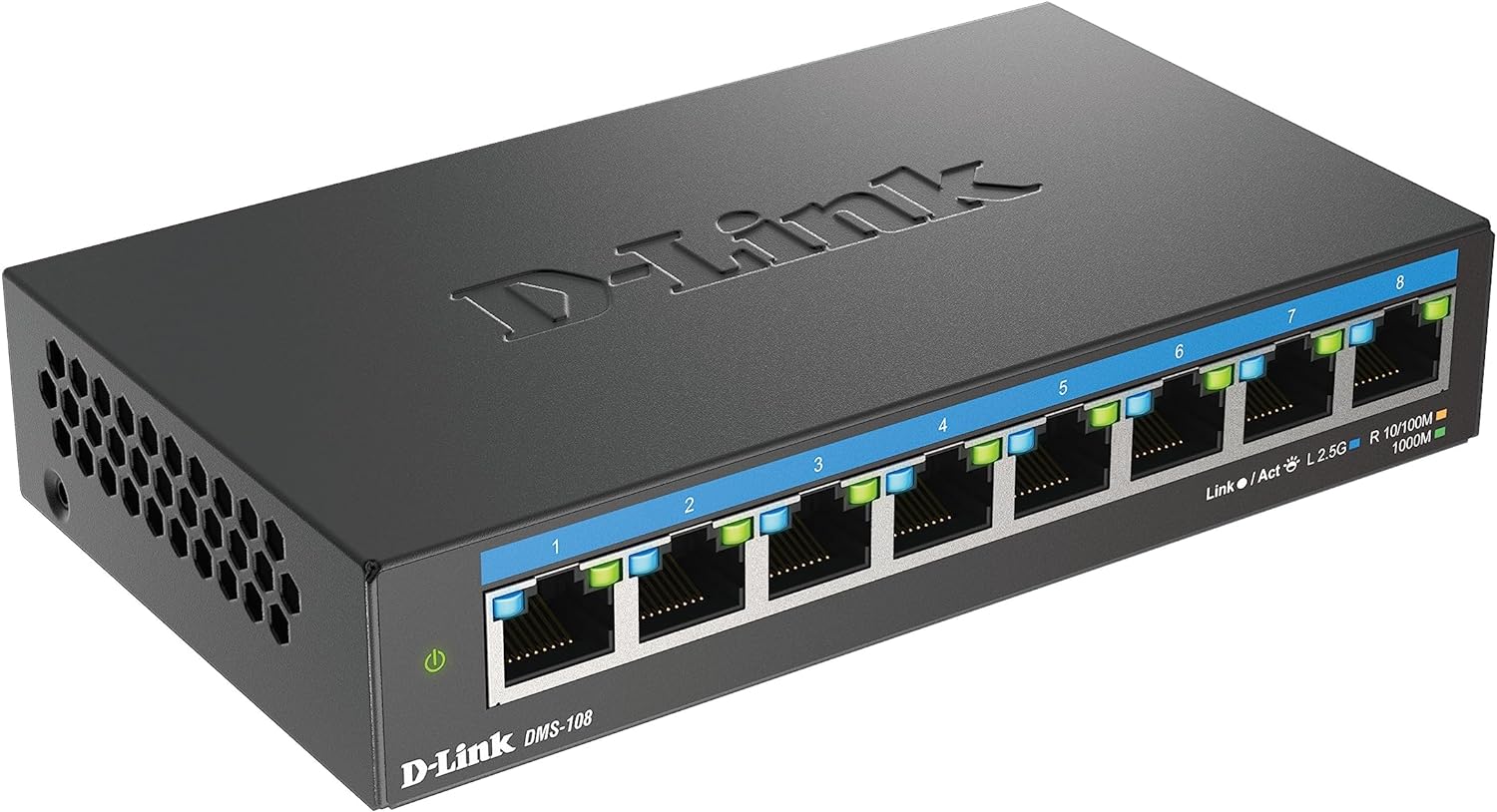 D-Link DMS-108 8-Port 2.5G Multi-Gigabit Unmanaged Desktop Switch with eight 2.5 Gigabit Ports, Fanless, Low Profile, Compact, Metal Housing, QoS, Plug and Play