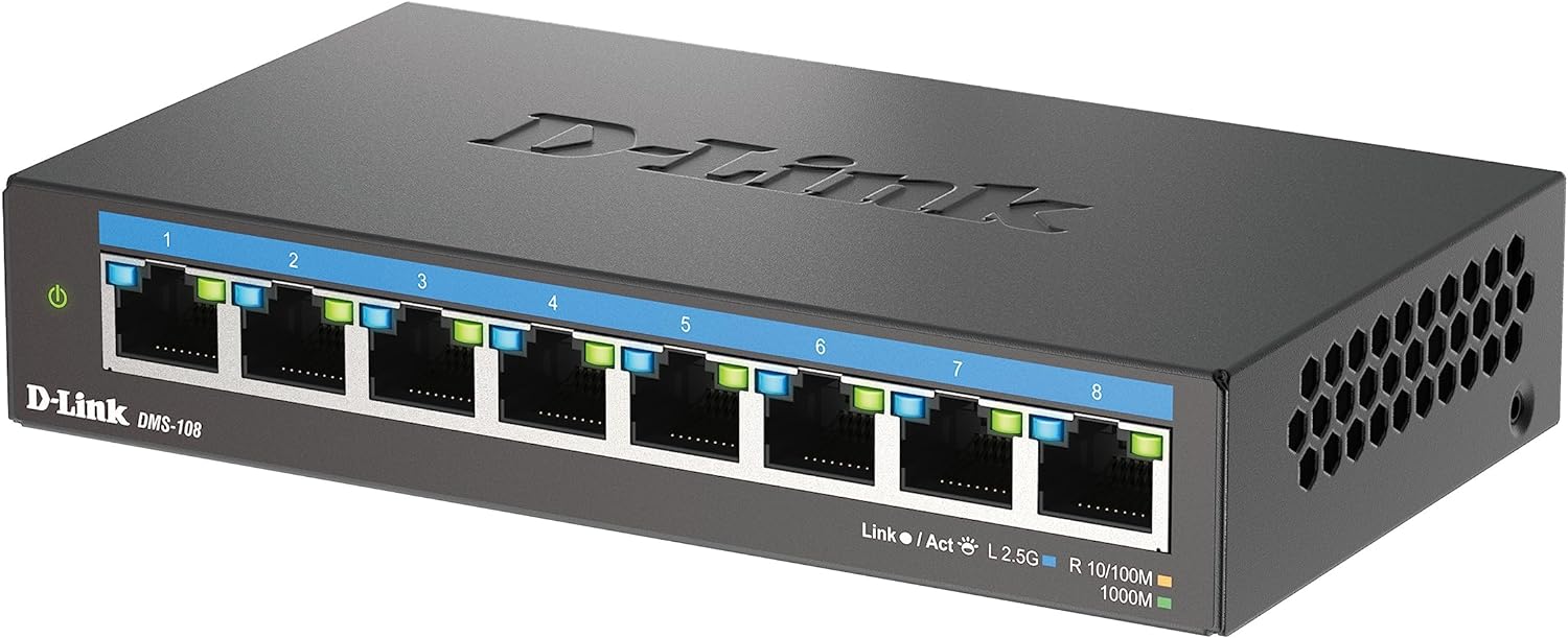 D-Link DMS-108 8-Port 2.5G Multi-Gigabit Unmanaged Desktop Switch with eight 2.5 Gigabit Ports, Fanless, Low Profile, Compact, Metal Housing, QoS, Plug and Play