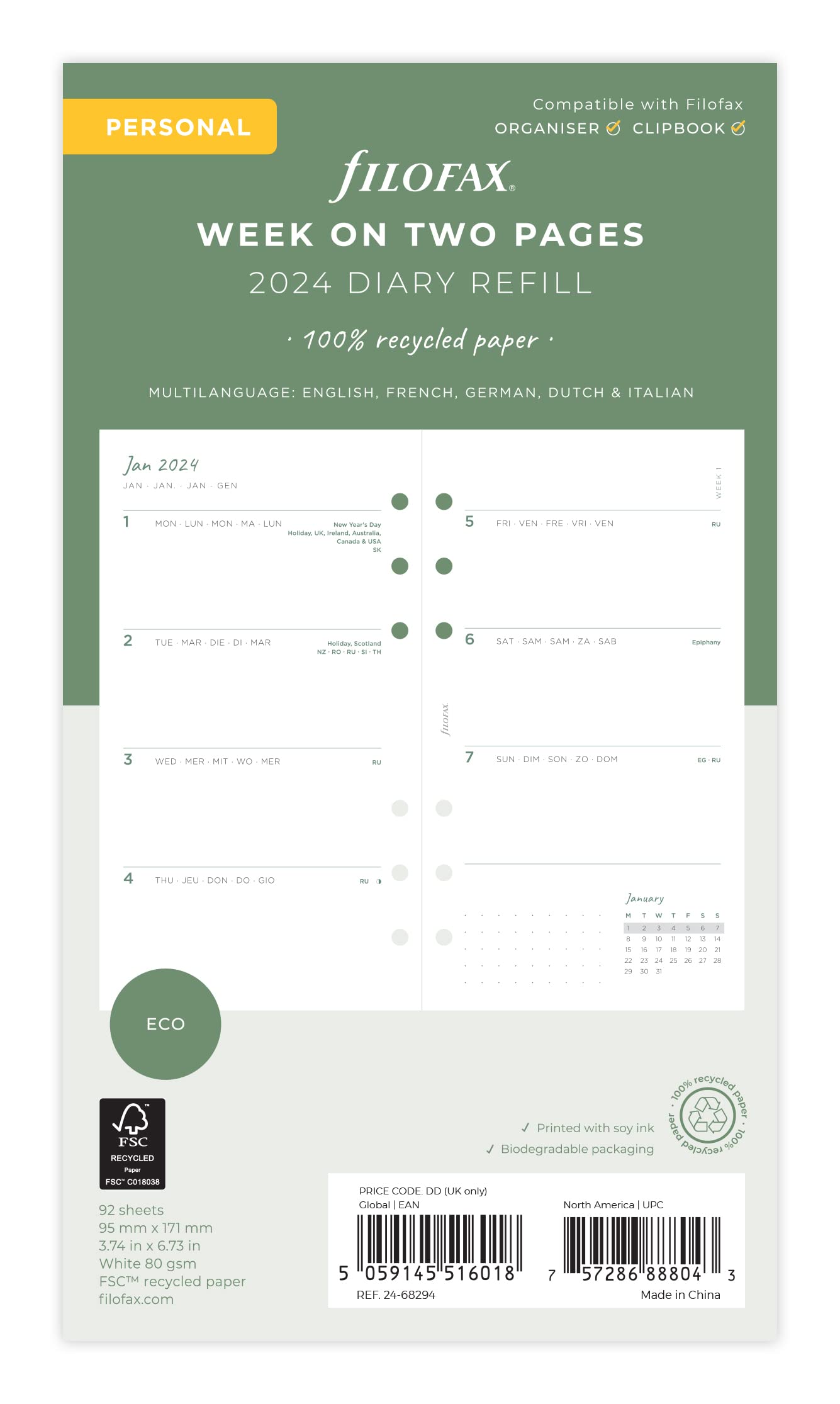 Filofax Personal Eco Week on Two Pages 2024 diary with tabs,White