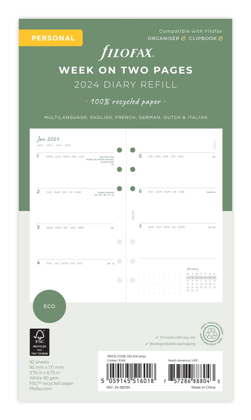 Filofax Personal Eco Week on Two Pages 2024 diary with tabs,White
