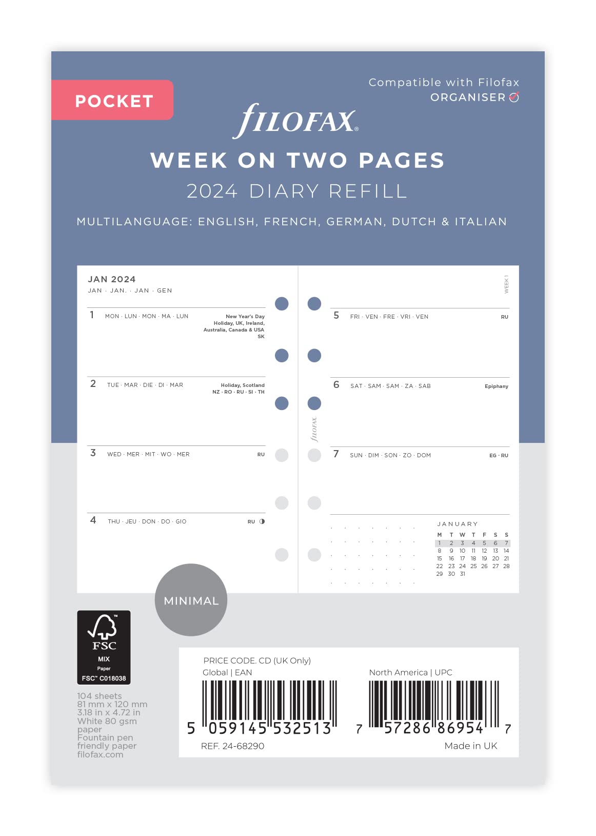 Filofax Pocket Minimal week on two pages 2024 diary, White