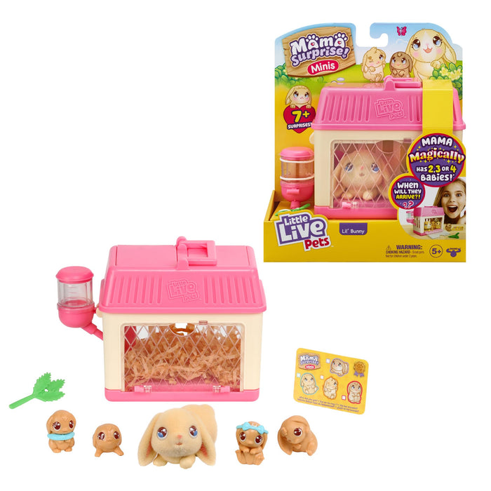 Little Live Pets - Mama Surprise Minis, Feed and nurture a Lil' Bunny Inside their Hutch so she can be a Mama, She has 2, 3, or 4 Babies with Surprise Accessories to Dress Up the Babies