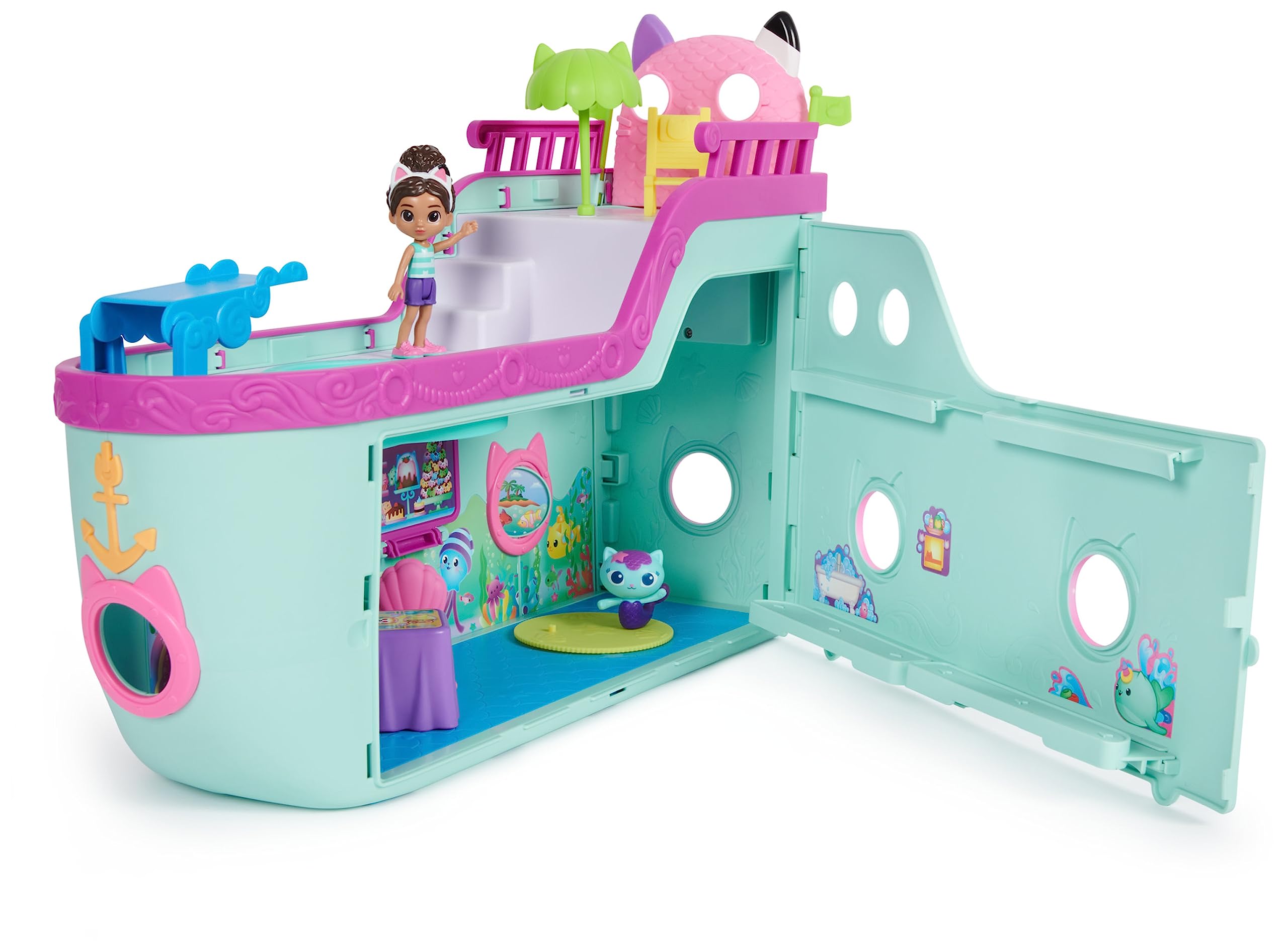 Gabby's Dollhouse, Gabby Cat Friend Ship, Cruise Ship Toy with 2 Toy Figures & Carlita Purr-ific Play Room with Carlita Toy Car, Accessories, Furniture and Dollhouse Deliveries