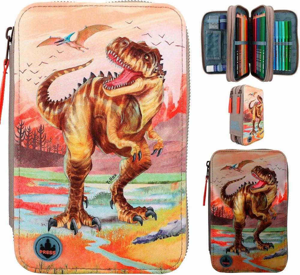 Dino World Triple Pencil Case LED Khaki Brown (412381