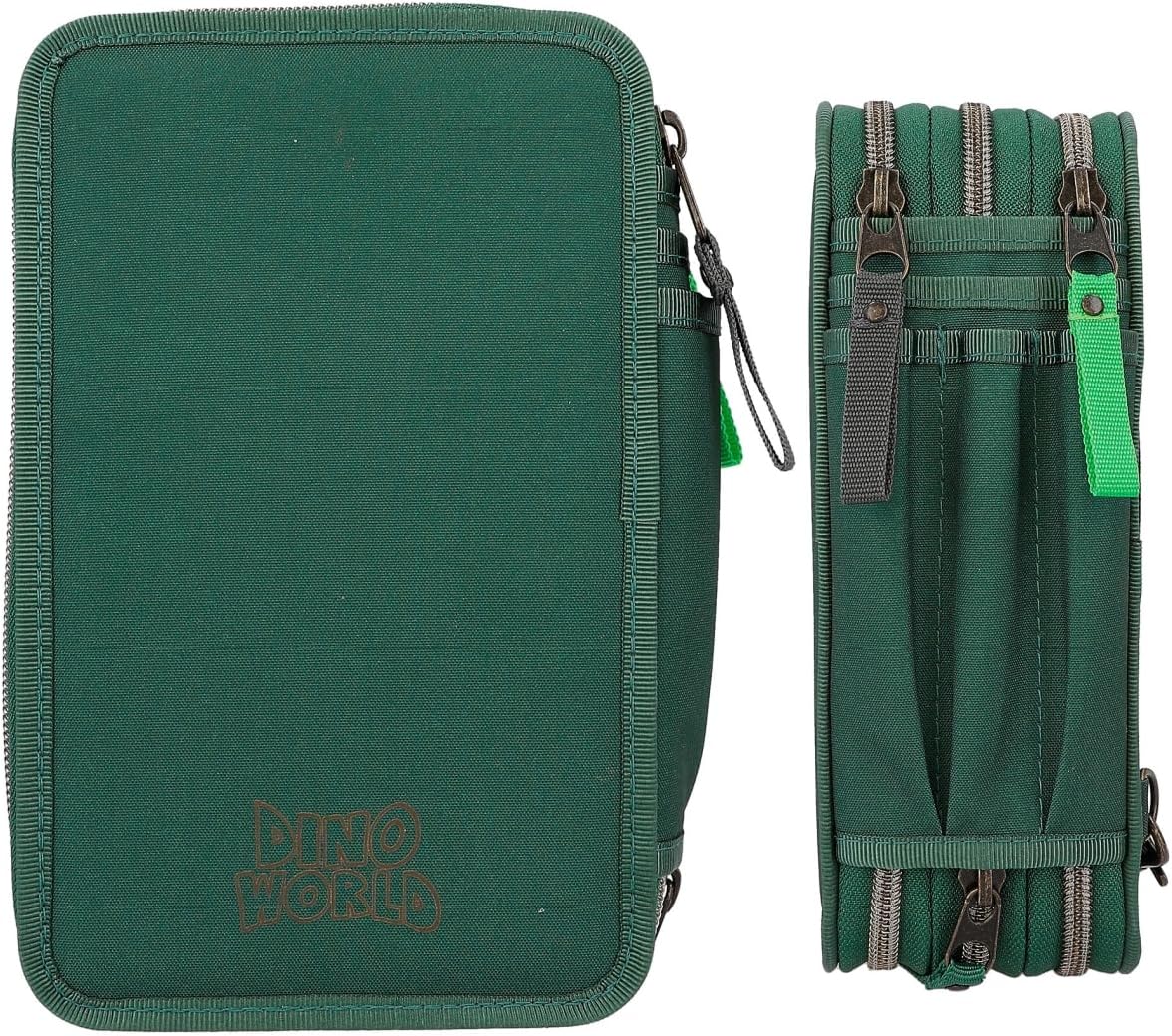 Depesche 12506 Dino World Filled 3-Compartment Pencil Case in Dinosaur Design with Chain, Pencil Case with Colouring Pencils, Ruler, Scissors etc