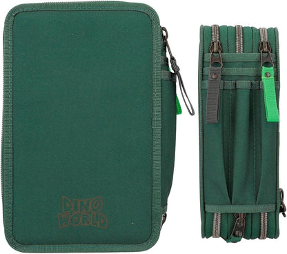 Depesche 12506 Dino World Filled 3-Compartment Pencil Case in Dinosaur Design with Chain, Pencil Case with Colouring Pencils, Ruler, Scissors etc