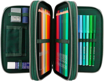 Depesche 12506 Dino World Filled 3-Compartment Pencil Case in Dinosaur Design with Chain, Pencil Case with Colouring Pencils, Ruler, Scissors etc