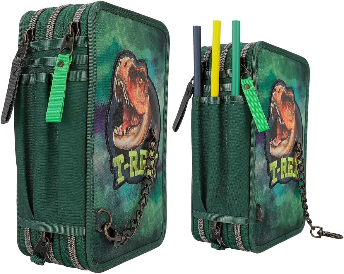 Depesche 12506 Dino World Filled 3-Compartment Pencil Case in Dinosaur Design with Chain, Pencil Case with Colouring Pencils, Ruler, Scissors etc
