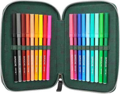 Depesche 12506 Dino World Filled 3-Compartment Pencil Case in Dinosaur Design with Chain, Pencil Case with Colouring Pencils, Ruler, Scissors etc