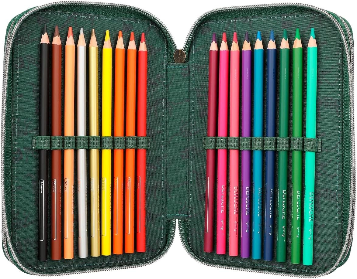 Depesche 12506 Dino World Filled 3-Compartment Pencil Case in Dinosaur Design with Chain, Pencil Case with Colouring Pencils, Ruler, Scissors etc