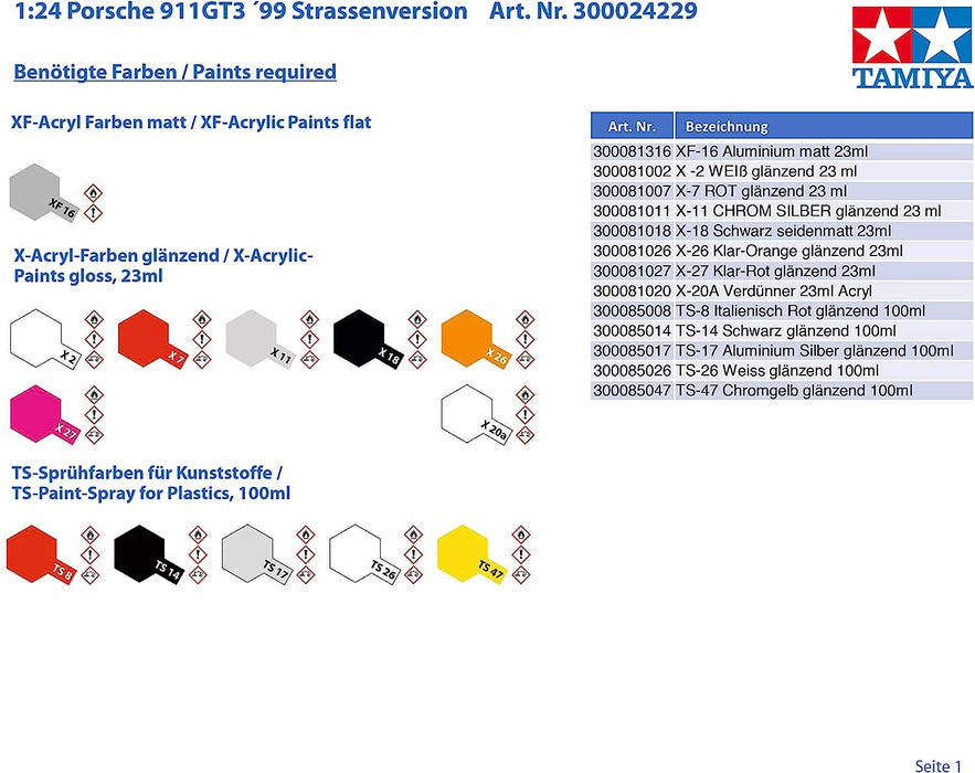 Tamiya 300024229-1:24 Porsche 911GT3 ´99 Strassenversion, Rot/Ausflug, Einfarbig (Getaway Solids