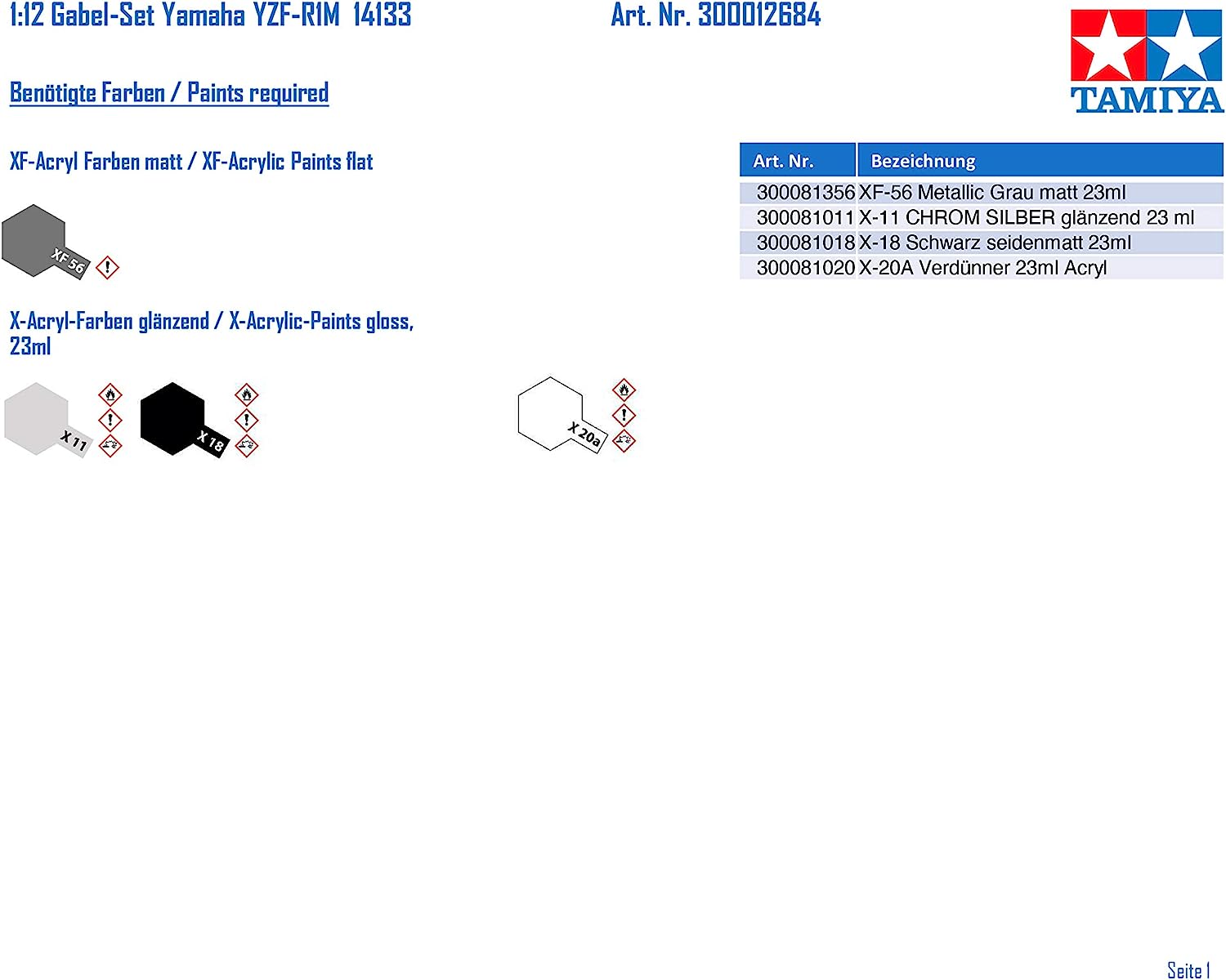 Tamiya Anime 12684-Juego de Horquillas para Yamaha YZF-R1M 14133 (1:12, plástico), Color Plateado (12684-000