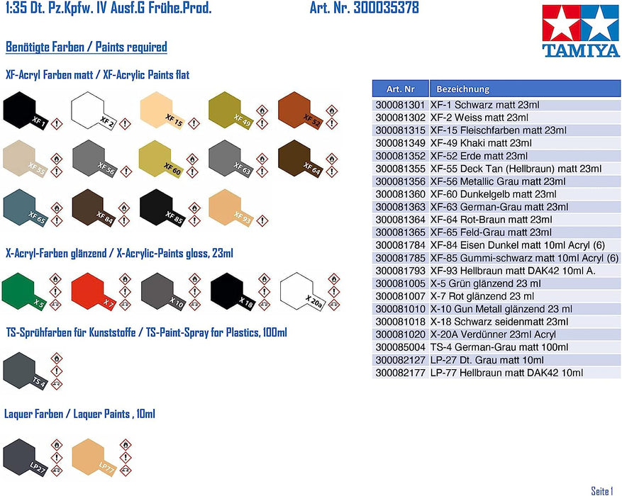 Tamiya 35378-000 Militaire 35378 1:35 Dt. Pz.Kpfw. IV AUSF.G Frühe.Prod. - Réplique fidèle à l'original, modélisme, kit de construction en plastique, bricolage, loisirs, kit de modélisme, à assembler