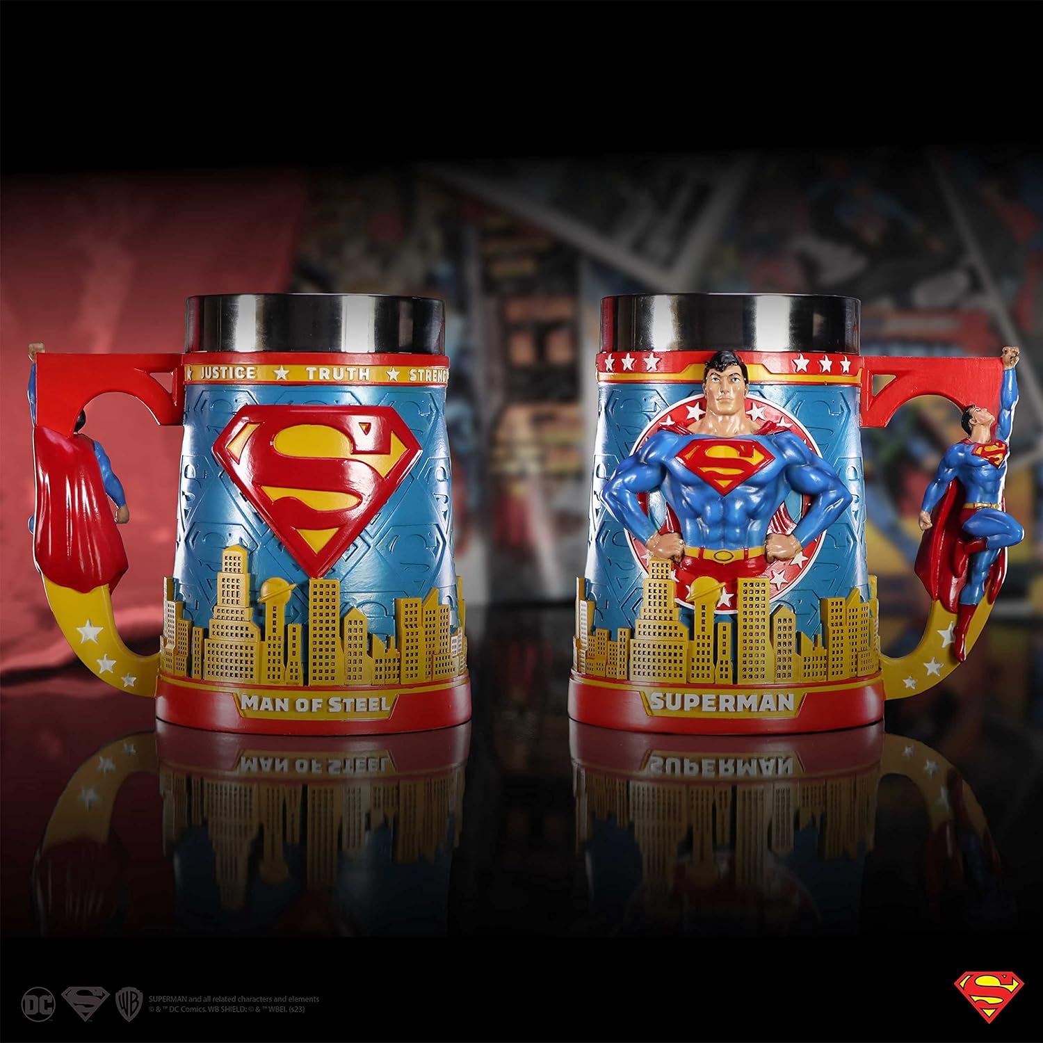 Nemesis Now Taza de cerveza Superman, diseño exclusivo, fundida en la mejor resina, pintada a mano por expertos, inserto extraíble