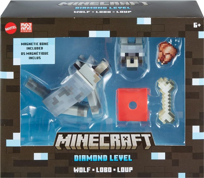 Minecraft Diamond Wolf Action Figure with Accessories Including Magnetic Bone, 5.5-inch Toy Collectible, HLN41