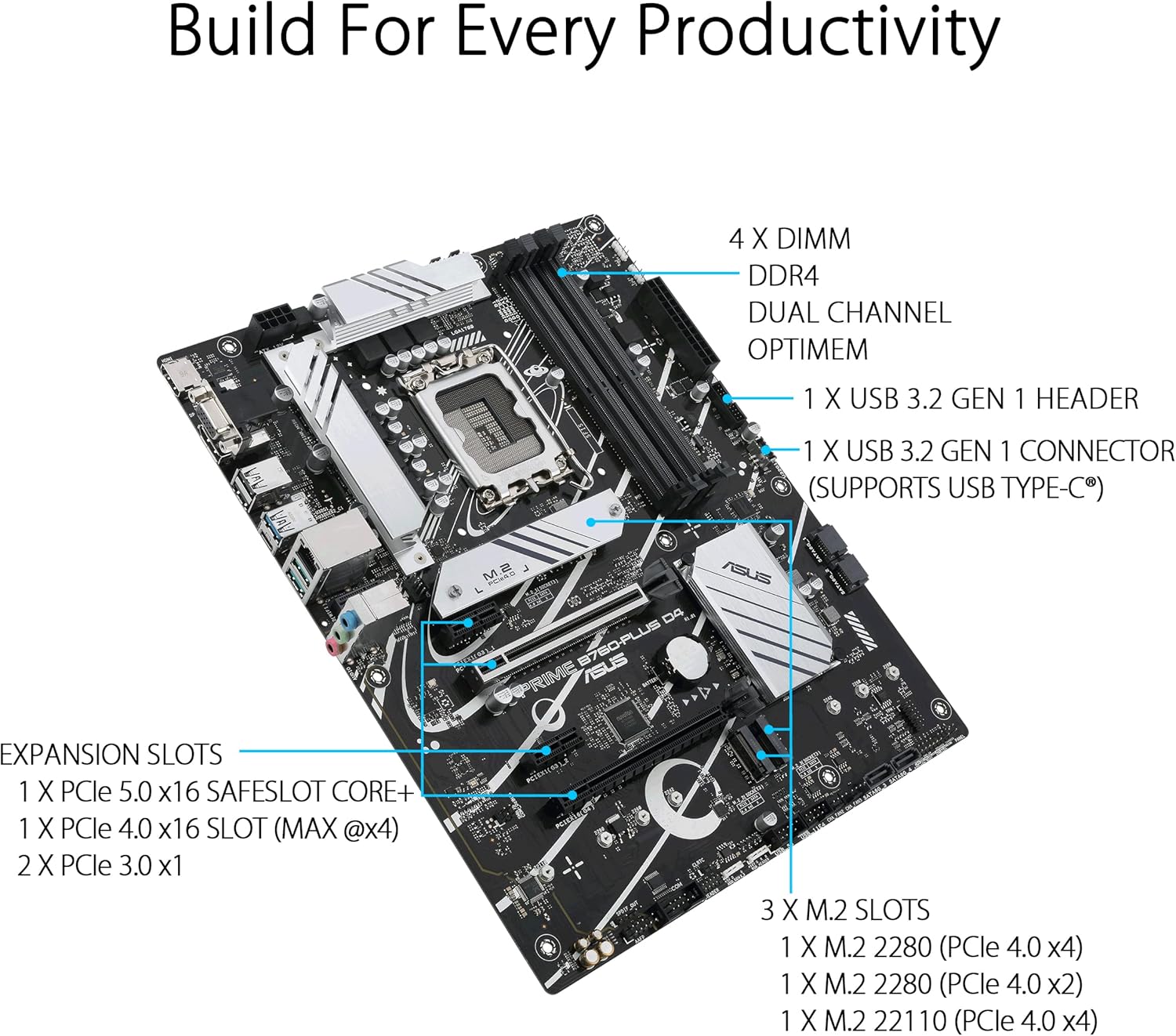 ASUS Prime B760-PLUS D4, an Intel B760 LGA 1700 ATX motherboard with PCIe 5.0, three PCIe 4.0 M.2 slots, DDR4, Realtek 2.5Gb Ethernet, DisplayPort, VGA, HDMI, SATA 6 Gbps, USB 3.2 Gen 2x2 Type-C