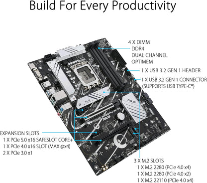 ASUS Prime B760-PLUS D4, an Intel B760 LGA 1700 ATX motherboard with PCIe 5.0, three PCIe 4.0 M.2 slots, DDR4, Realtek 2.5Gb Ethernet, DisplayPort, VGA, HDMI, SATA 6 Gbps, USB 3.2 Gen 2x2 Type-C