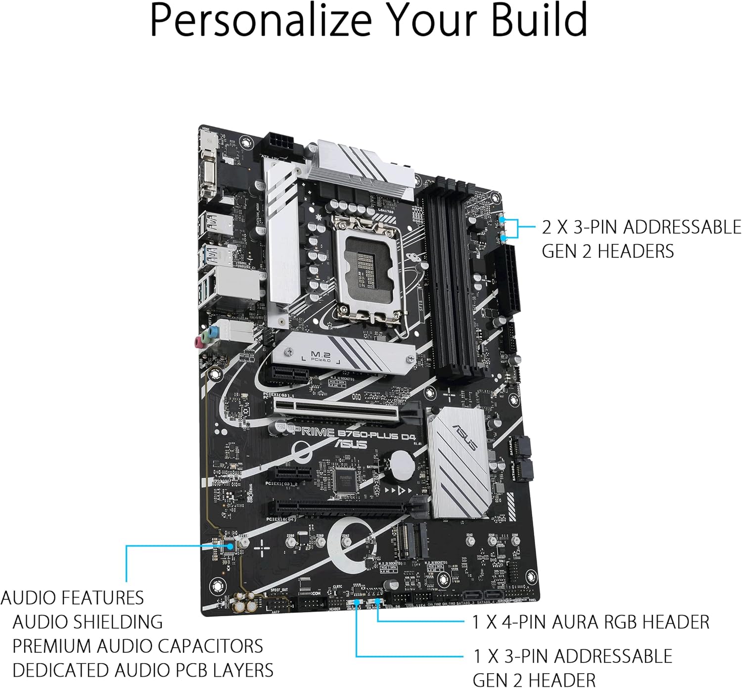 ASUS Prime B760-PLUS D4, an Intel B760 LGA 1700 ATX motherboard with PCIe 5.0, three PCIe 4.0 M.2 slots, DDR4, Realtek 2.5Gb Ethernet, DisplayPort, VGA, HDMI, SATA 6 Gbps, USB 3.2 Gen 2x2 Type-C