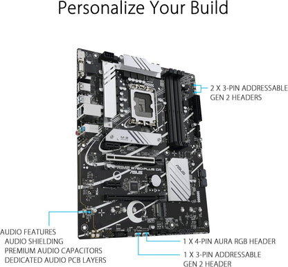 ASUS Prime B760-PLUS D4, an Intel B760 LGA 1700 ATX motherboard with PCIe 5.0, three PCIe 4.0 M.2 slots, DDR4, Realtek 2.5Gb Ethernet, DisplayPort, VGA, HDMI, SATA 6 Gbps, USB 3.2 Gen 2x2 Type-C
