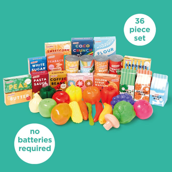 Casdon Grocery Set. Family Favourites Toy Grocery Set for Children Aged 2+. Features Fruits, Vegetables, Cans and More