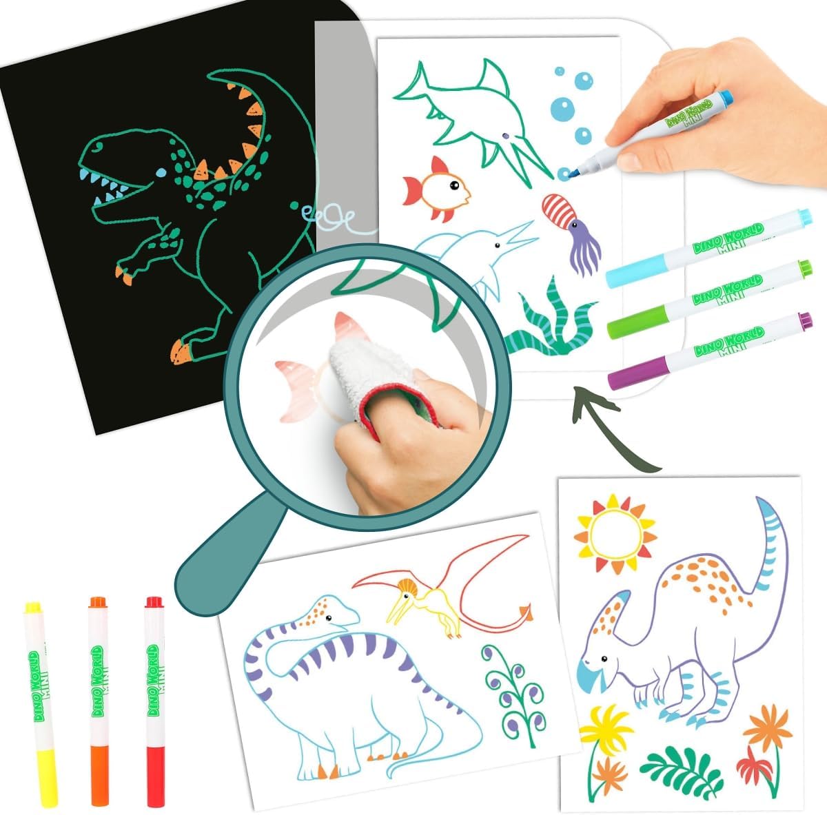 Depesche Dino World Paint & Swipe Book 12101 Colouring Book with Wipe Clean Pages Includes 6 Fibre Pens