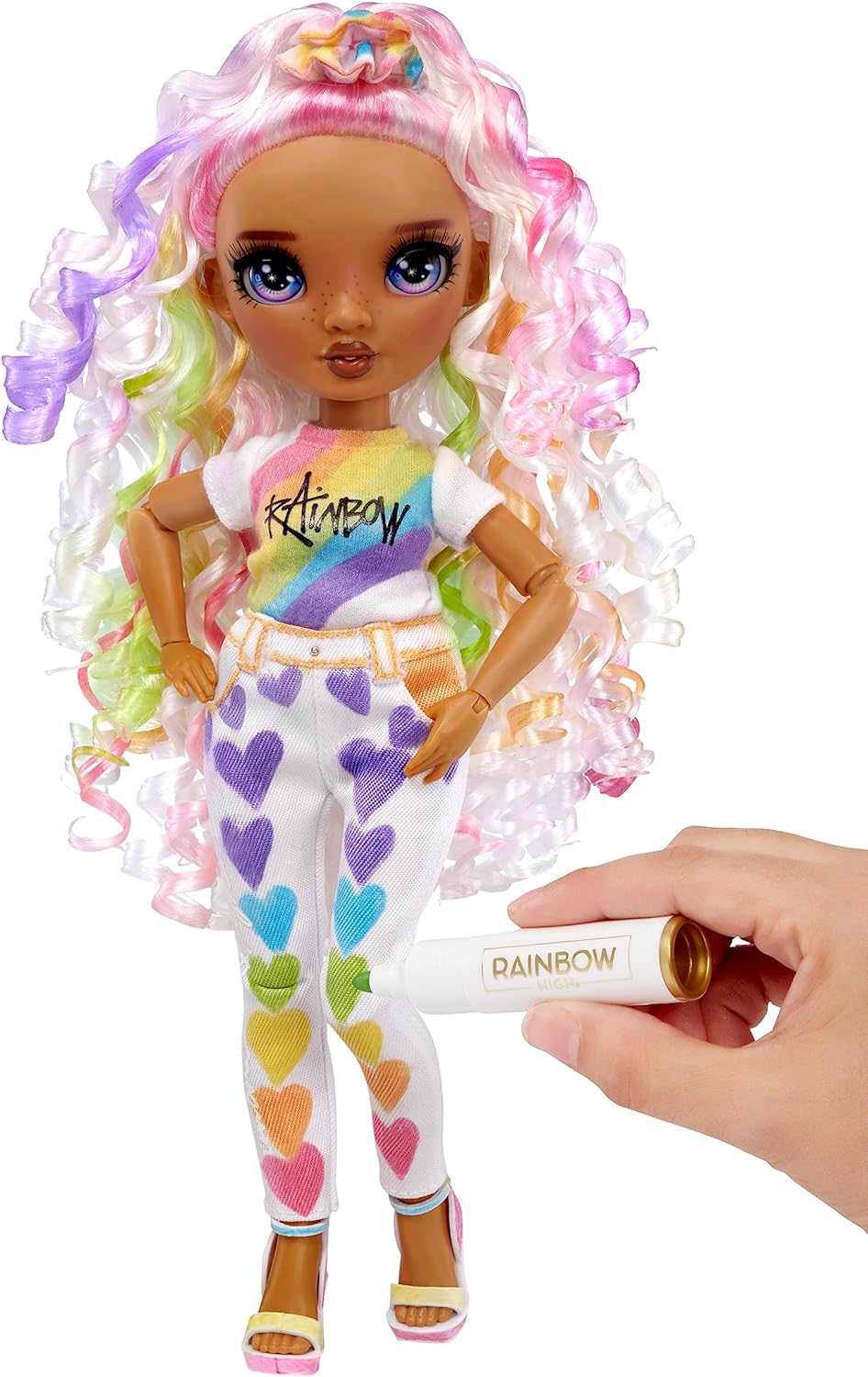 Rainbow High Colour & Create Fashion DIY Doll - Purple Eyes, Curly Hair, Bonus Top & Shoes, and Washable Rainbow Markers - Colour, Create, Play, Rinse, Repeat - For Kids 4-12 Years Old & Collectors