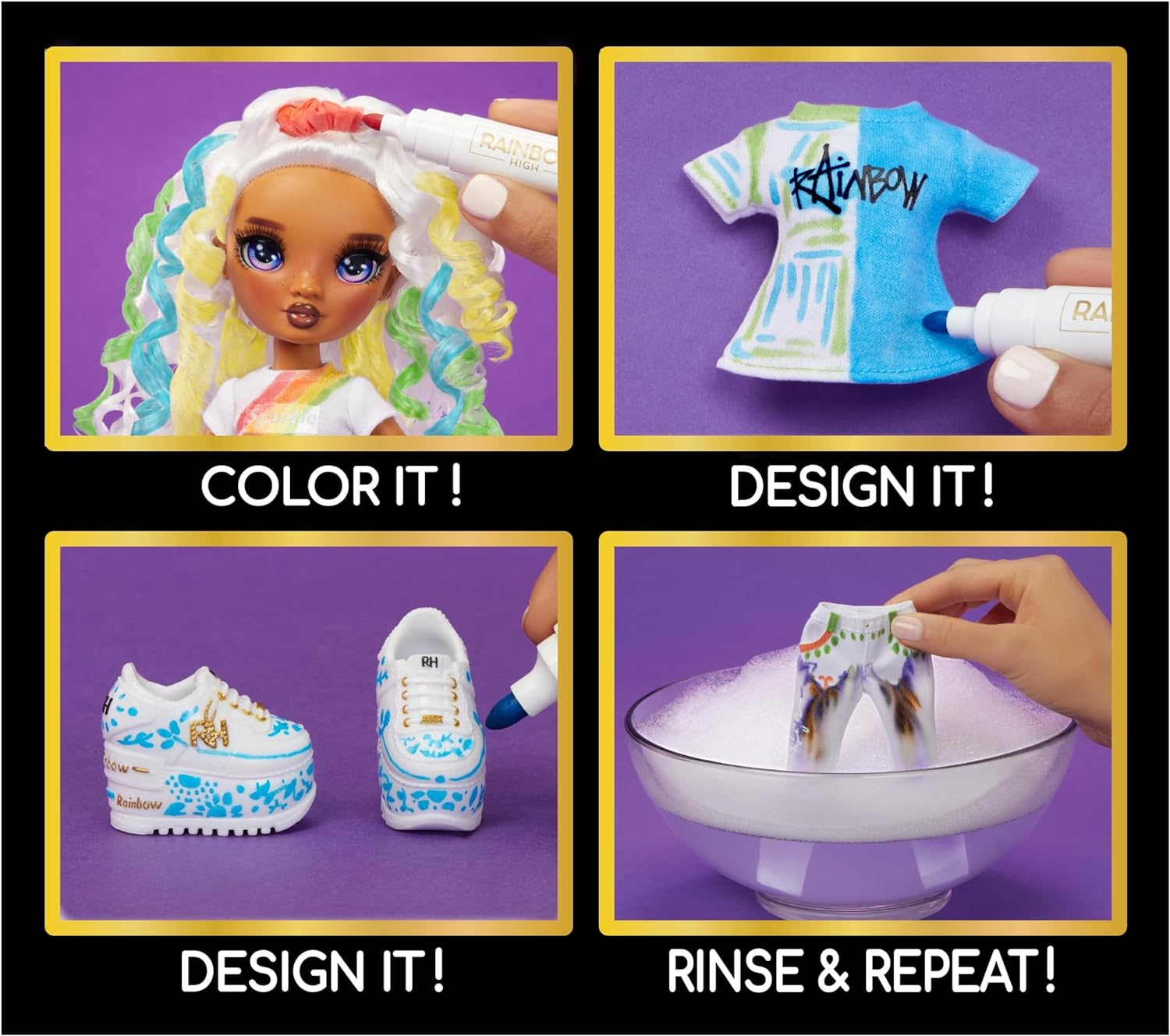 Rainbow High Colour & Create Fashion DIY Doll - Purple Eyes, Curly Hair, Bonus Top & Shoes, and Washable Rainbow Markers - Colour, Create, Play, Rinse, Repeat - For Kids 4-12 Years Old & Collectors