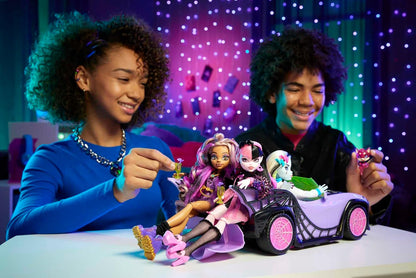 Monster High Toy Car, Ghoul Mobile with Pet and Cooler Accessories, Purple Convertible with Spiderweb Details Large