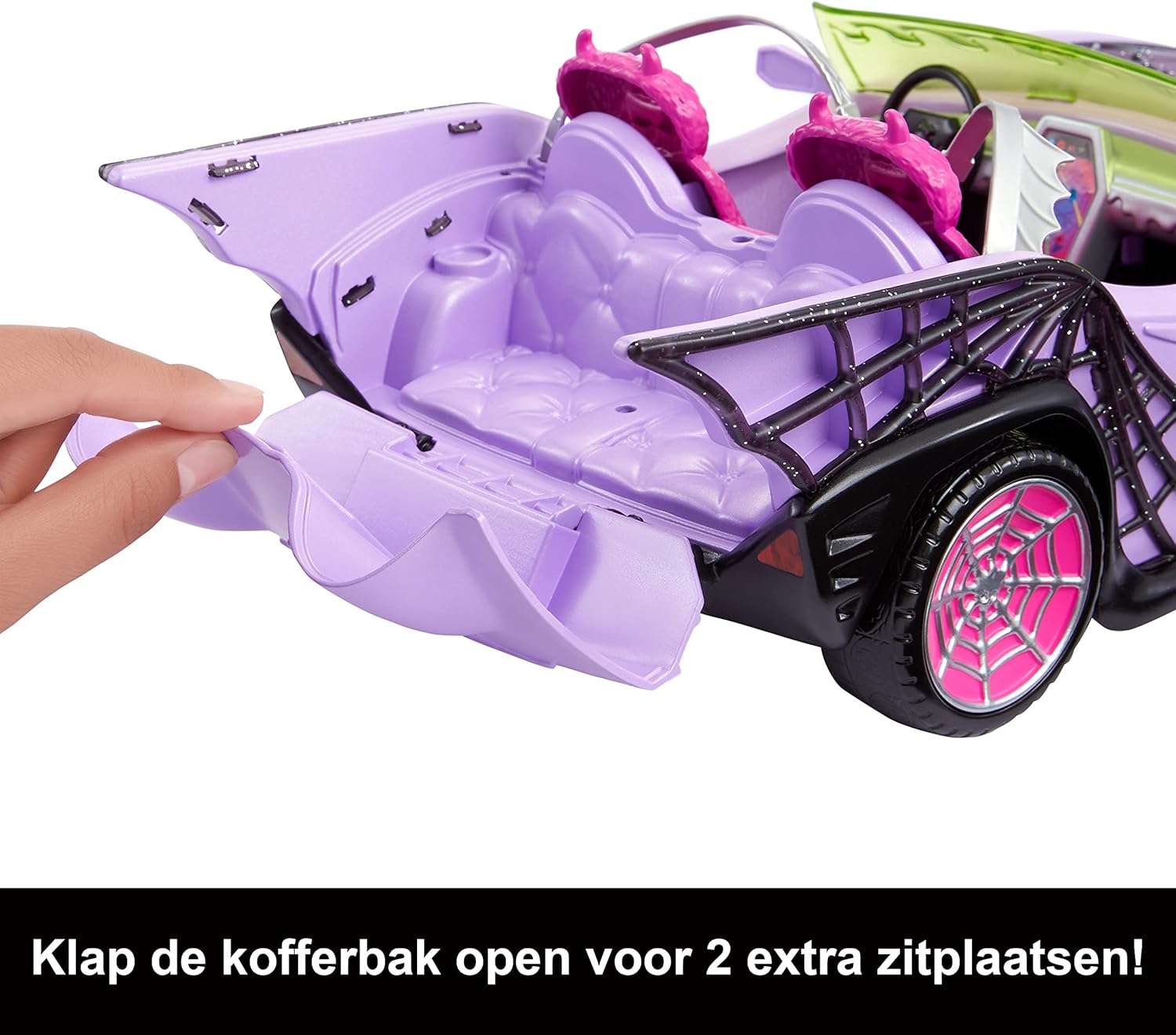 Monster High Toy Car, Ghoul Mobile with Pet and Cooler Accessories, Purple Convertible with Spiderweb Details Large