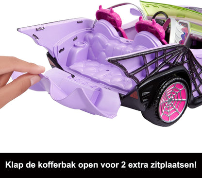 Monster High Toy Car, Ghoul Mobile with Pet and Cooler Accessories, Purple Convertible with Spiderweb Details Large