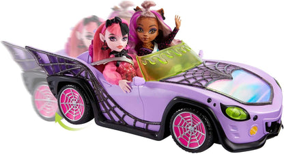 Monster High Toy Car, Ghoul Mobile with Pet and Cooler Accessories, Purple Convertible with Spiderweb Details Large