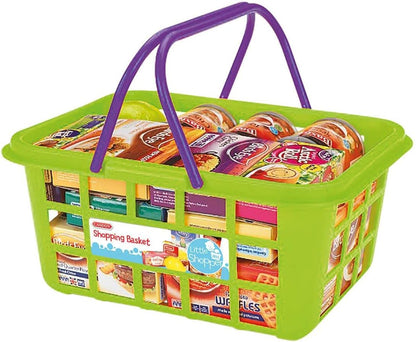 Casdon Shopping Basket. Colourful Toy Shopping Basket for Children Aged 2+. Comes with Miniature Versions of Popular Branded Foods