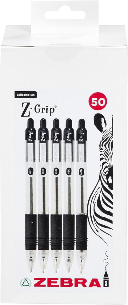 ZEBRA Z GRIP Black Ballpoint Pens, Retractable with smooth ink, comfortable grip and pocket clip reliable biro medium point 50 pack of black