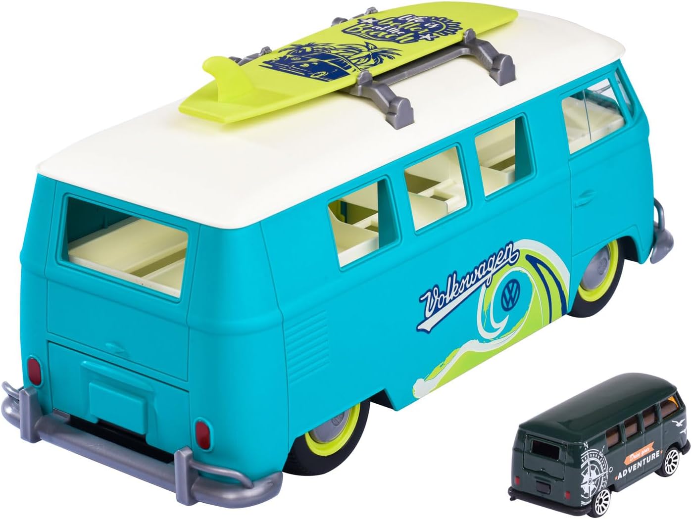 Jada- Furgoneta Volkswagen T1, 31cm, Contenedor de 9 coches escala 1:64 (7,5cm). Con luz, tabla de surf y pegatinas, Techo y compartimento extraíble (212055010)