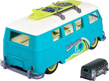 Jada- Furgoneta Volkswagen T1, 31cm, Contenedor de 9 coches escala 1:64 (7,5cm). Con luz, tabla de surf y pegatinas, Techo y compartimento extraíble (212055010)