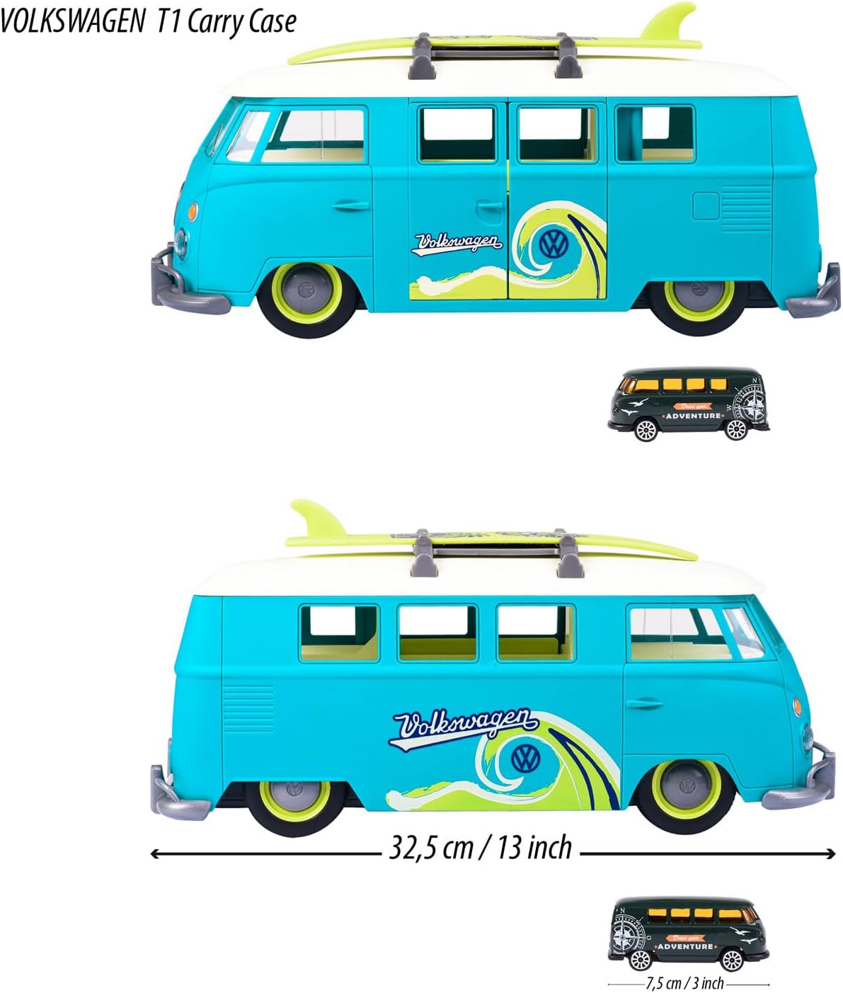 Jada- Furgoneta Volkswagen T1, 31cm, Contenedor de 9 coches escala 1:64 (7,5cm). Con luz, tabla de surf y pegatinas, Techo y compartimento extraíble (212055010)