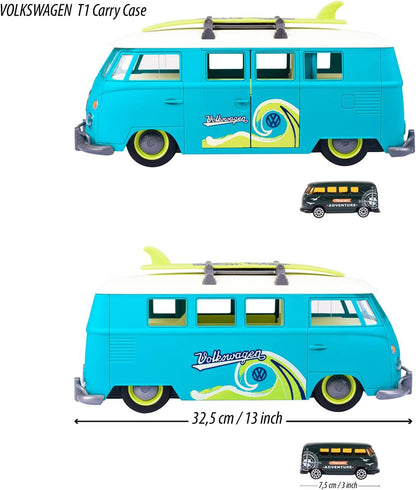 Jada- Furgoneta Volkswagen T1, 31cm, Contenedor de 9 coches escala 1:64 (7,5cm). Con luz, tabla de surf y pegatinas, Techo y compartimento extraíble (212055010)