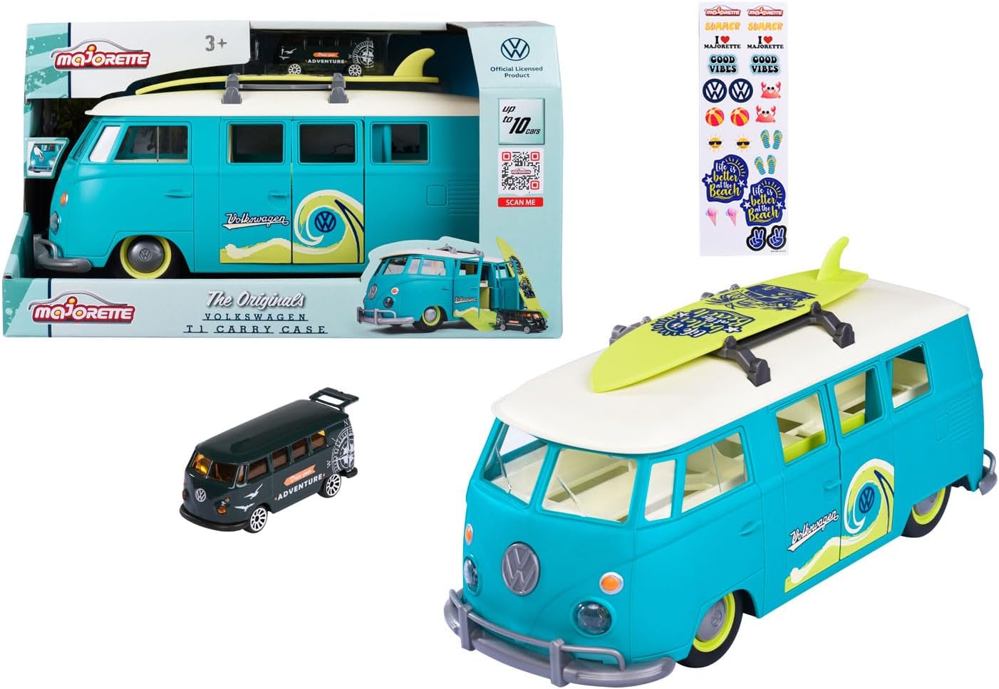 Jada- Furgoneta Volkswagen T1, 31cm, Contenedor de 9 coches escala 1:64 (7,5cm). Con luz, tabla de surf y pegatinas, Techo y compartimento extraíble (212055010)