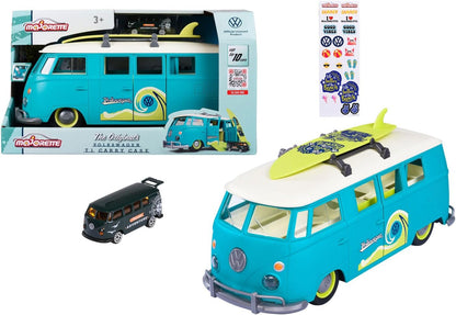 Jada- Furgoneta Volkswagen T1, 31cm, Contenedor de 9 coches escala 1:64 (7,5cm). Con luz, tabla de surf y pegatinas, Techo y compartimento extraíble (212055010)