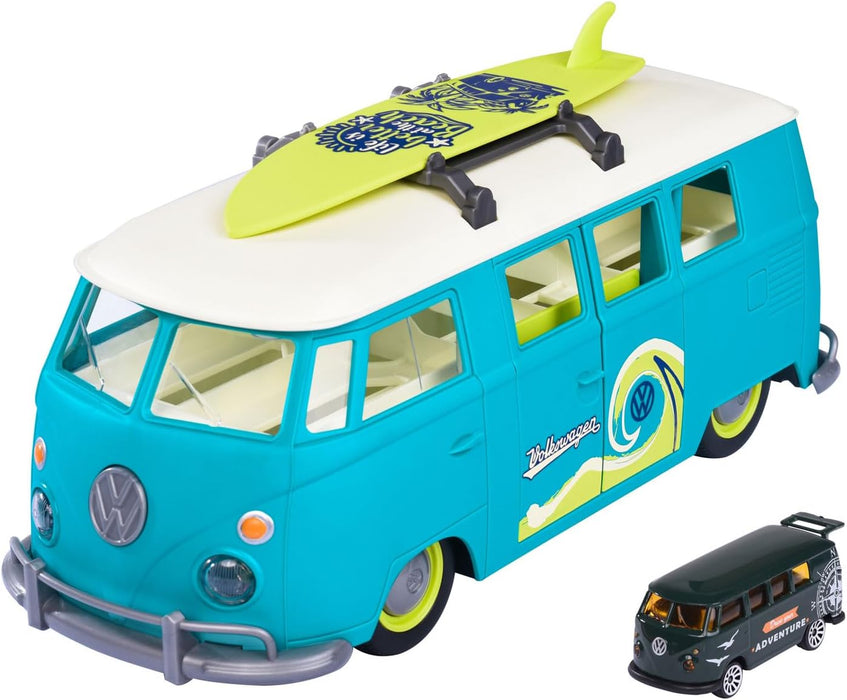 Jada- Furgoneta Volkswagen T1, 31cm, Contenedor de 9 coches escala 1:64 (7,5cm). Con luz, tabla de surf y pegatinas, Techo y compartimento extraíble (212055010)