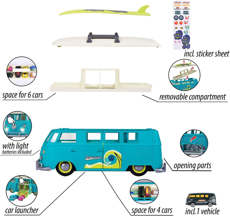 Jada- Furgoneta Volkswagen T1, 31cm, Contenedor de 9 coches escala 1:64 (7,5cm). Con luz, tabla de surf y pegatinas, Techo y compartimento extraíble (212055010)