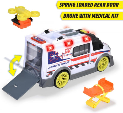 Dickie Toys - großer Spielzeug-Krankenwagen mit vielen Extras (35,5 cm) - Rettungswagen mit Spiel-Drohne, Zubehör, Licht & Sound, Spielzeugauto für Kinder ab 3 Jahre