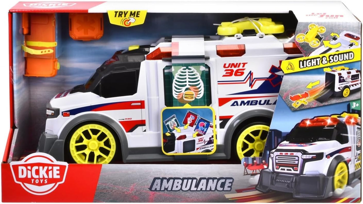 Dickie Toys - großer Spielzeug-Krankenwagen mit vielen Extras (35,5 cm) - Rettungswagen mit Spiel-Drohne, Zubehör, Licht & Sound, Spielzeugauto für Kinder ab 3 Jahre