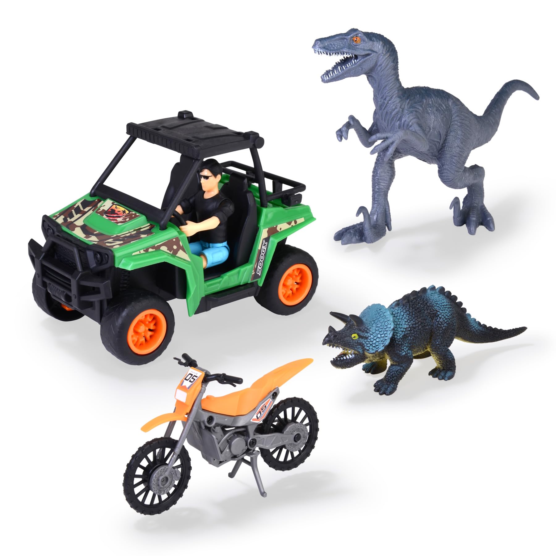 Dickie Toys - Spielzeugautos Dino Explorer - Dinosaurier Spielzeug mit 2 Fahrzeugen, 2 Dinosauriern & 1 Ranger-Figur, Spielzeug ab 3 Jahre
