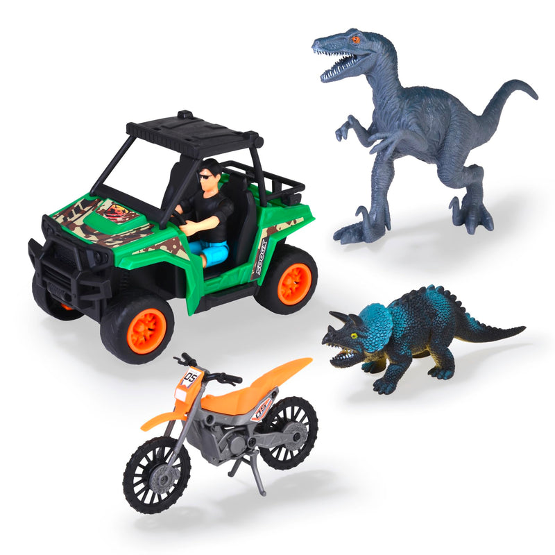 Dickie Toys - Spielzeugautos Dino Explorer - Dinosaurier Spielzeug mit 2 Fahrzeugen, 2 Dinosauriern & 1 Ranger-Figur, Spielzeug ab 3 Jahre