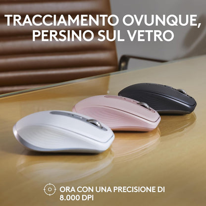 Logitech MX Anywhere 3S Compact Wireless Mouse, Fast Scrolling, 8K DPI Any-Surface Tracking, Quiet Clicks, Programmable Buttons, USB C, Bluetooth, Windows PC, Linux, Chrome, Mac