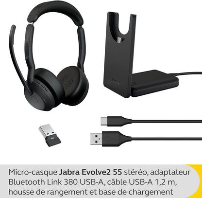 Jabra Evolve2 55 Stereo Wireless Headset with Charging Stand, Air Comfort Technology, Noise-cancelling Mics, and ANC - Works with UC Platforms such as Zoom and Google Meet - Black