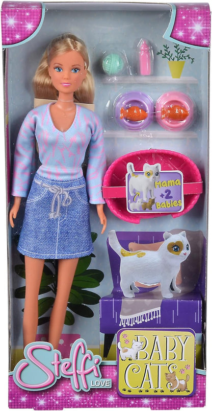 Steffi Love Baby Cats, Toy Doll in Fashionable Dress with Pregnant Cat and Two Cute Cat Babies, Accessories, 29 cm, from 3 Years
